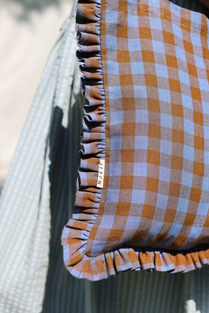 Linen Tote Bag with Ruffles in Bluebonnet Checks