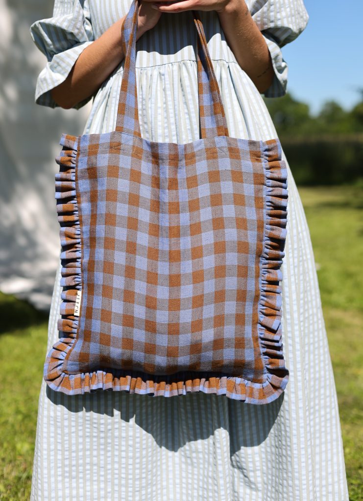 Linen Tote Bag with Ruffles in Bluebonnet Checks