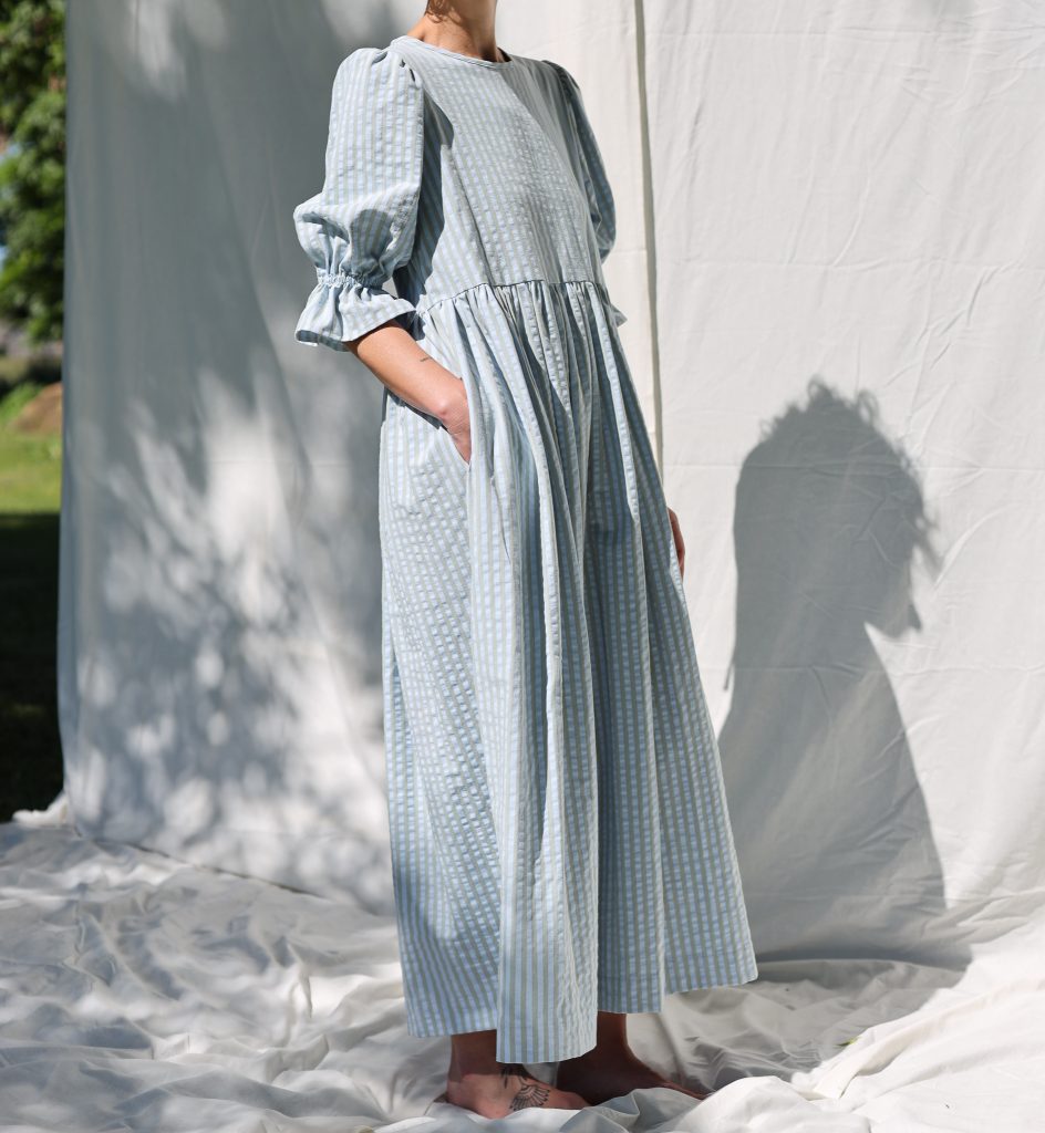 Puffy sleeves seersucker stripes dress NINA