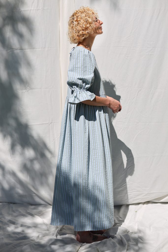 Puffy sleeves seersucker stripes dress NINA