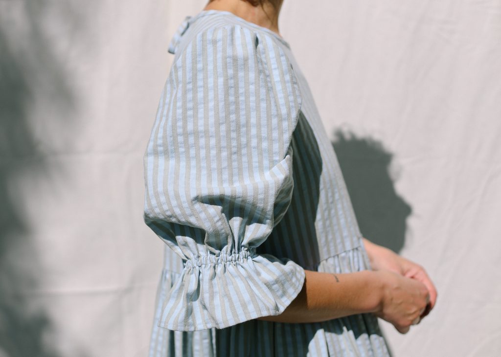 Puffy sleeves seersucker stripes dress NINA