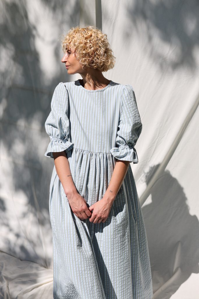 Puffy sleeves seersucker stripes dress NINA