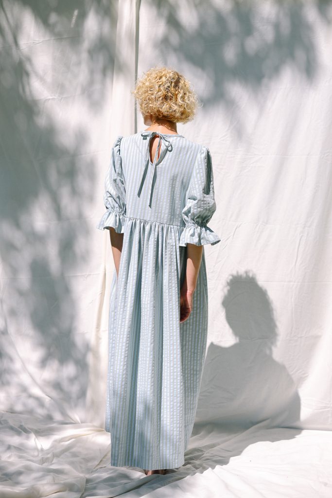 Puffy sleeves seersucker stripes dress NINA