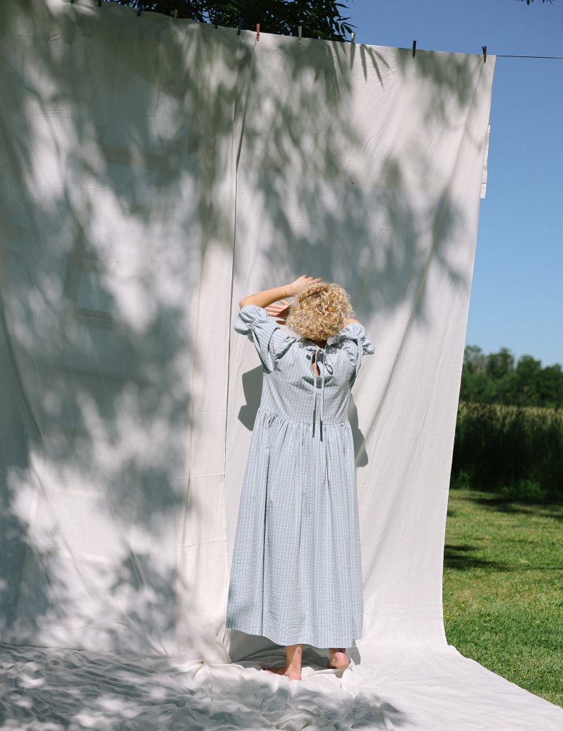 Puffy sleeves seersucker stripes dress NINA