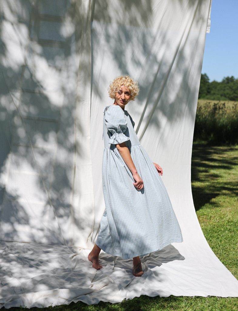 Puffy sleeves seersucker stripes dress NINA