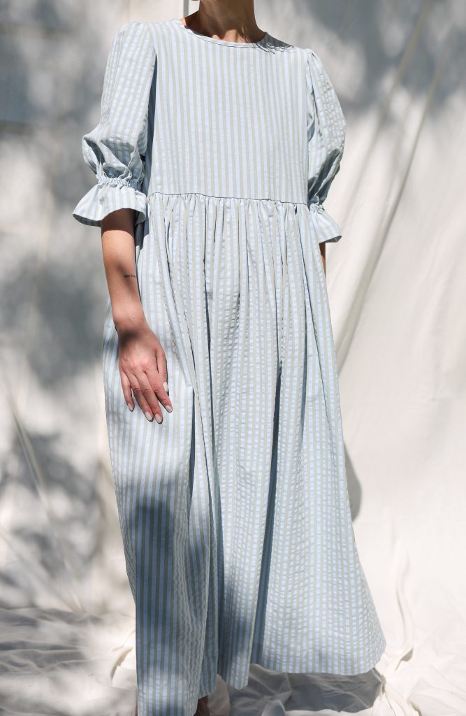 Puffy sleeves seersucker stripes dress NINA
