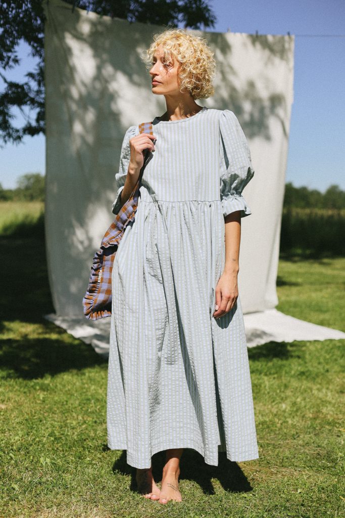 Puffy sleeves seersucker stripes dress NINA | Dress | Sustainable clothing | OffOn clothing