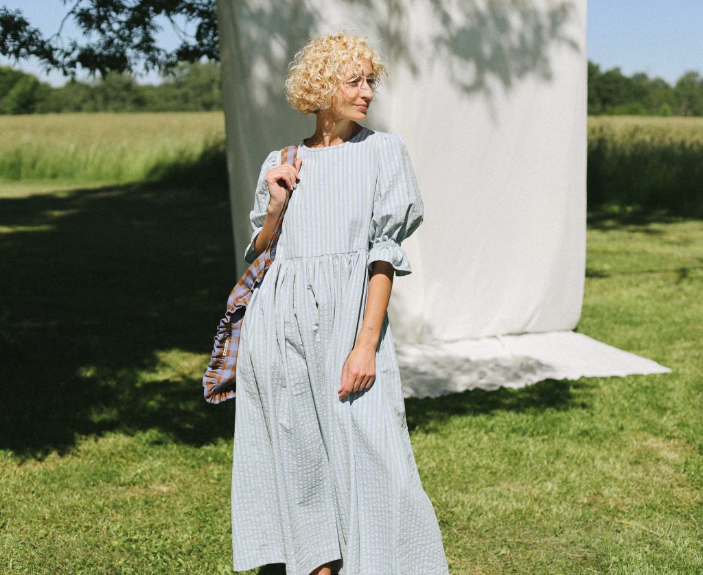 Puffy sleeves seersucker stripes dress NINA