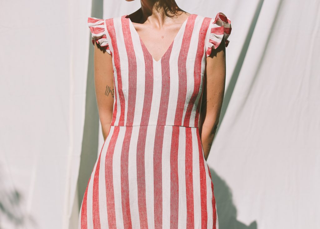 Ruffled Sleeve Dress Striped Linen Dress with Waist Tie