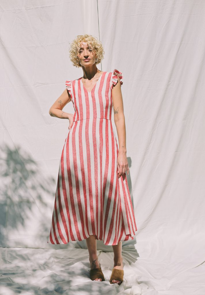 Ruffled Sleeve Dress Striped Linen Dress with Waist Tie