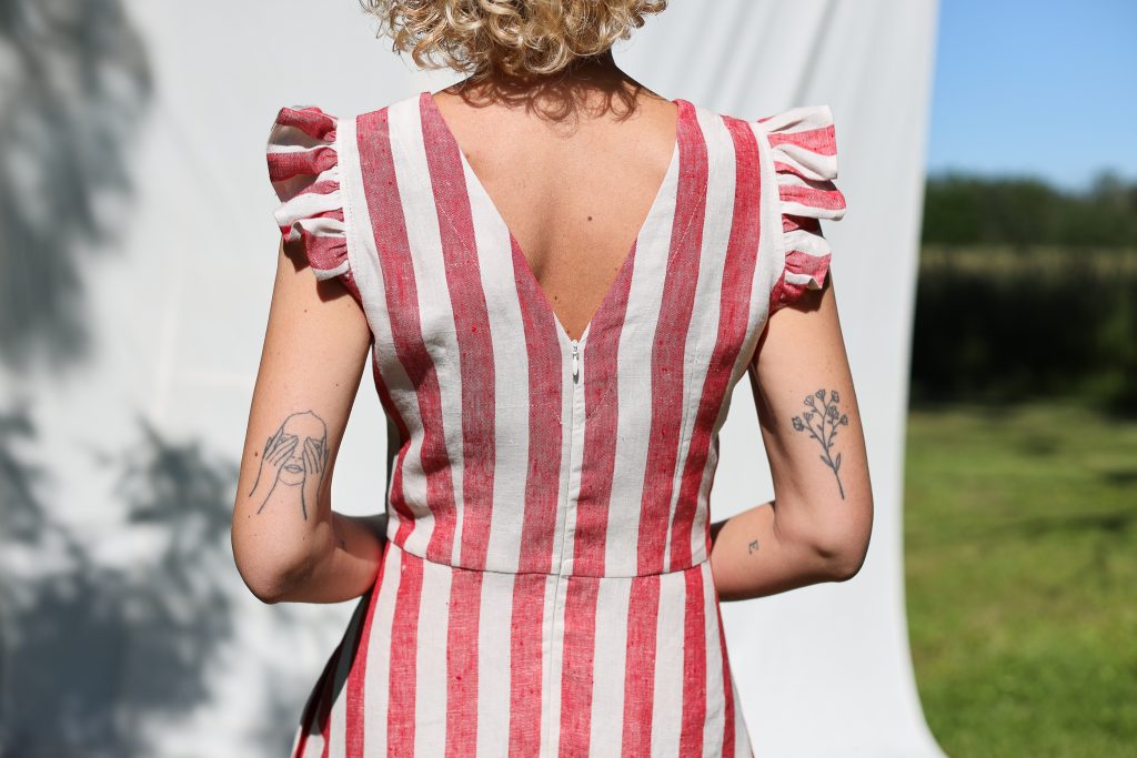 Ruffled Sleeve Dress Striped Linen Dress with Waist Tie