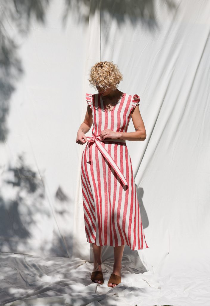 Ruffled Sleeve Dress Striped Linen Dress with Waist Tie