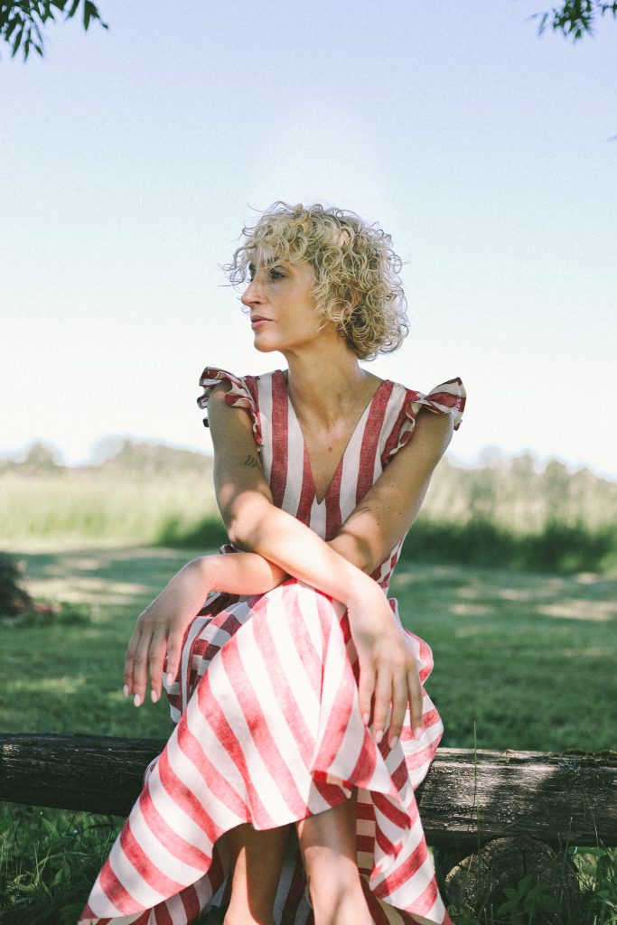 Ruffled Sleeve Dress Striped Linen Dress with Waist Tie