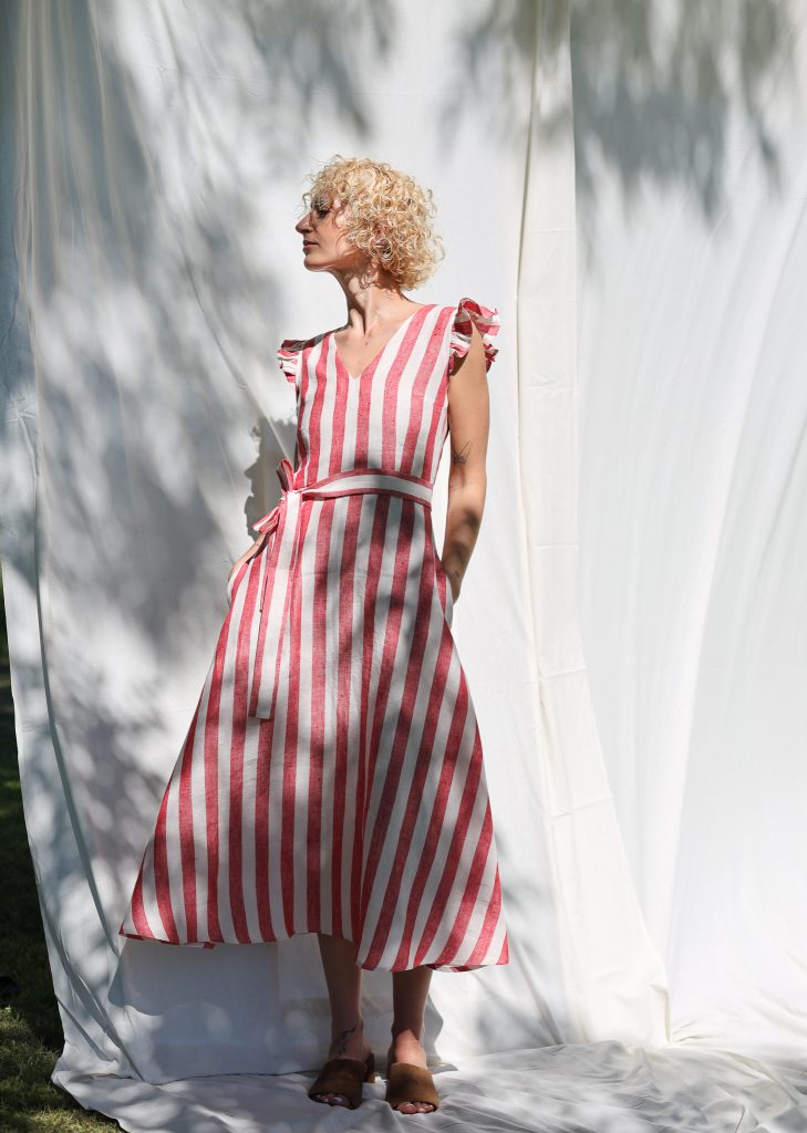Ruffled Sleeve Dress Striped Linen Dress with Waist Tie | Dress | Sustainable clothing | OffOn clothing