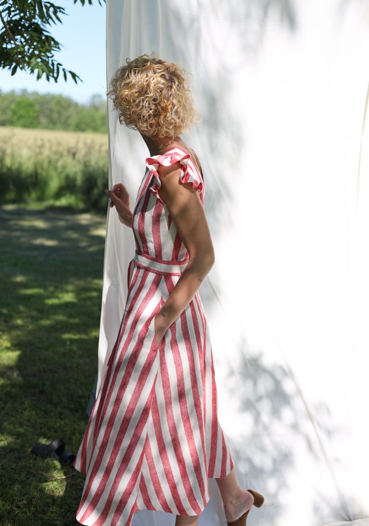 Ruffled Sleeve Dress Striped Linen Dress with Waist Tie