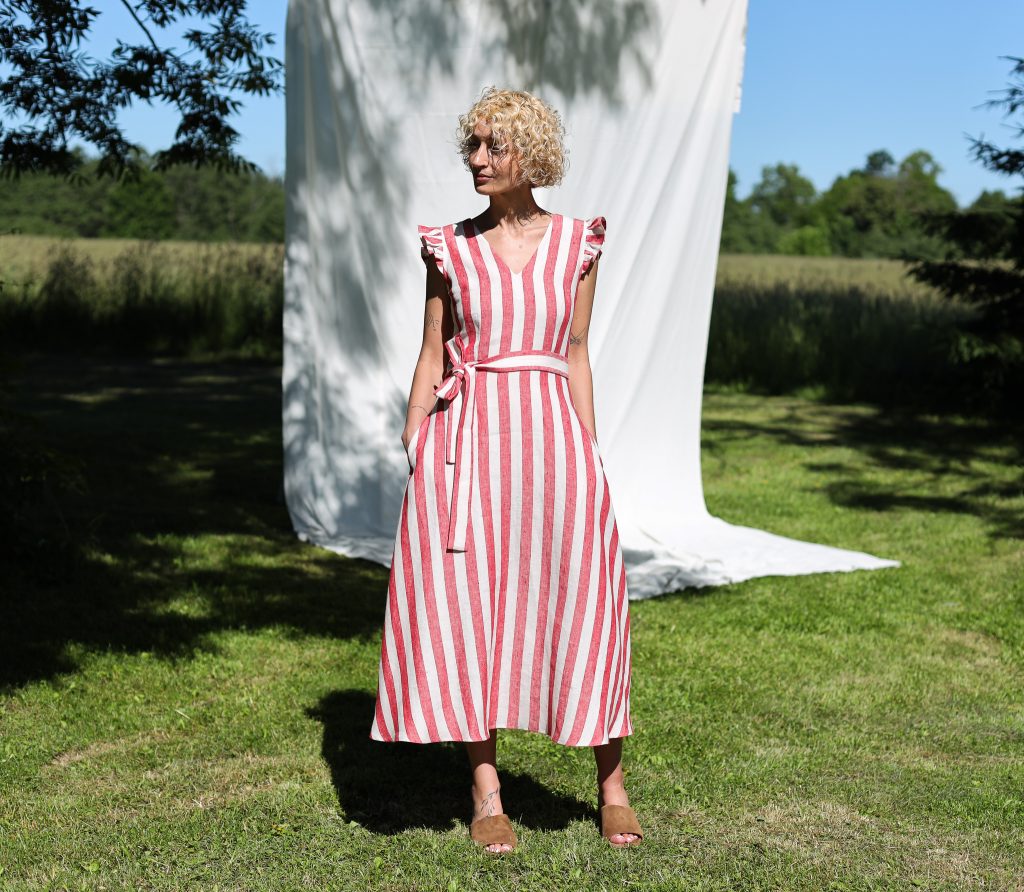 Ruffled Sleeve Dress Striped Linen Dress with Waist Tie