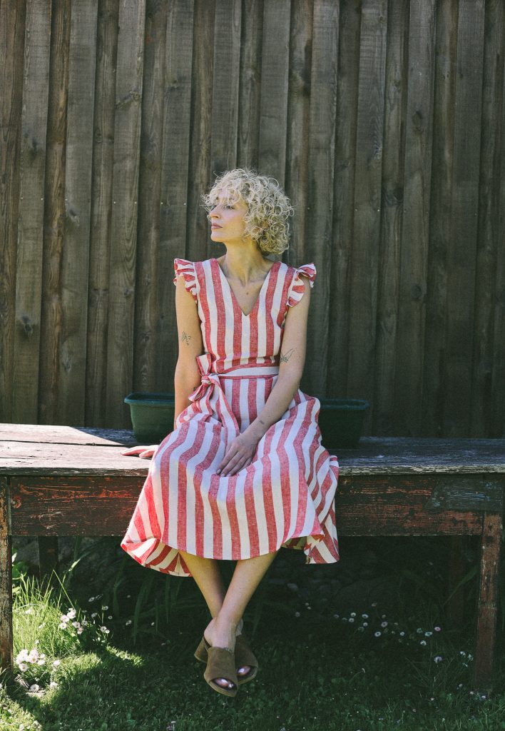 Ruffled Sleeve Dress Striped Linen Dress with Waist Tie