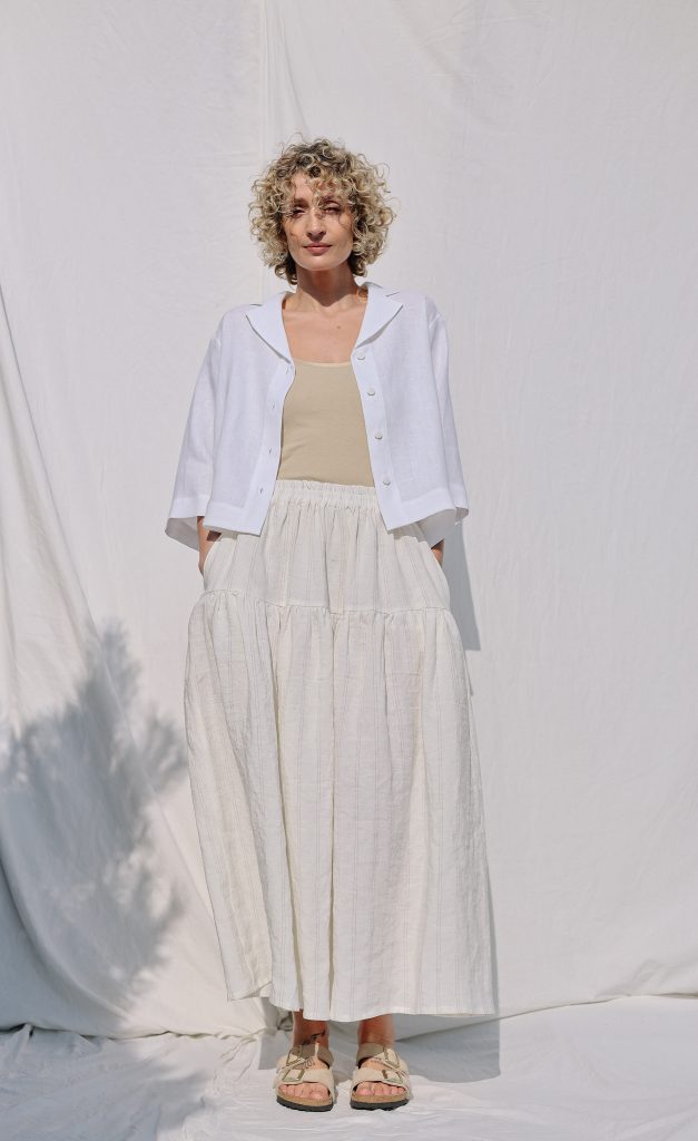 Striped linen ruffled skirt with elastic waist