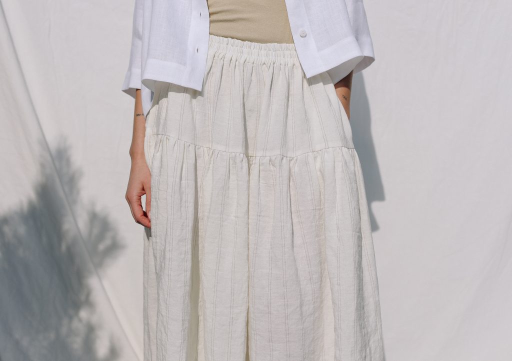 Striped linen ruffled skirt with elastic waist