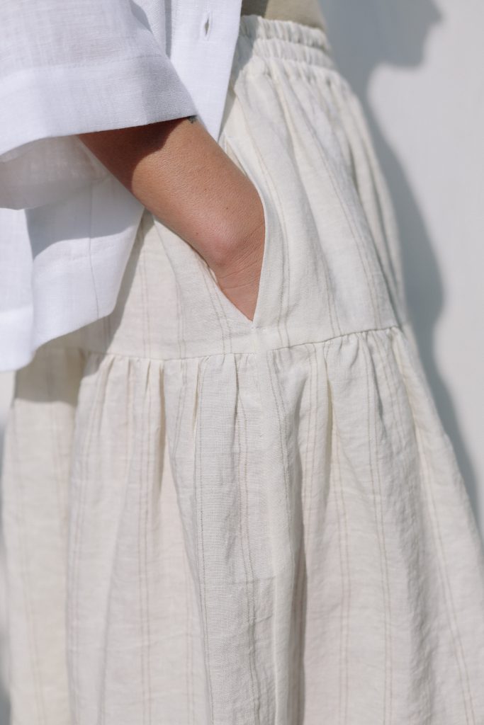 Striped linen ruffled skirt with elastic waist
