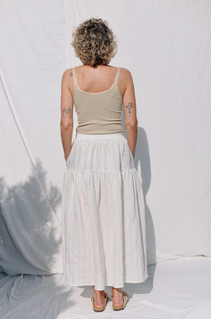 Striped linen ruffled skirt with elastic waist