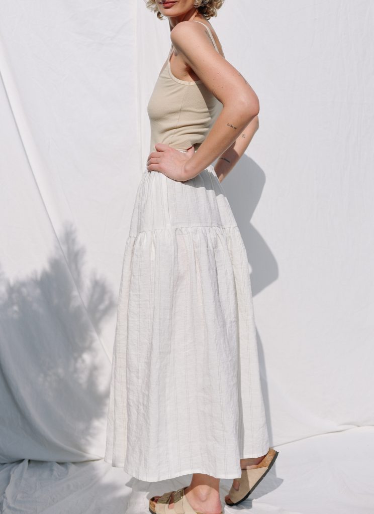 Striped linen ruffled skirt with elastic waist
