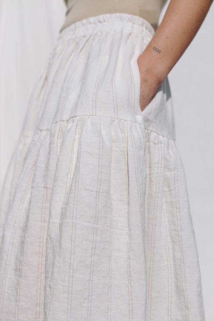 Striped linen ruffled skirt with elastic waist