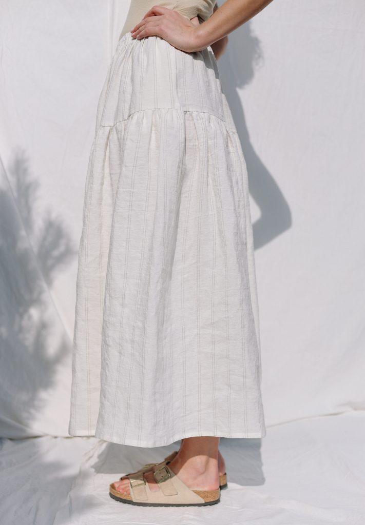 Striped linen ruffled skirt with elastic waist