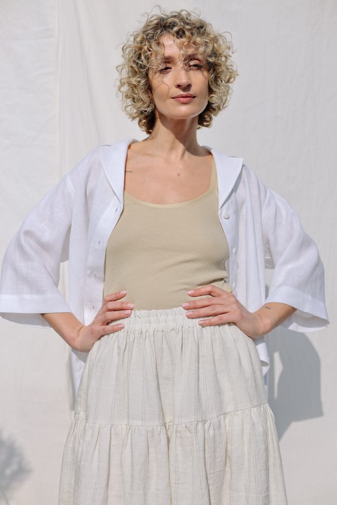 Linen wide sleeves revere collar shirt