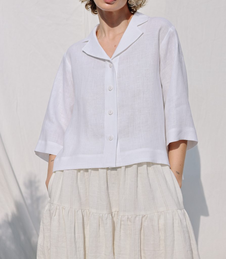 Linen wide sleeves revere collar shirt