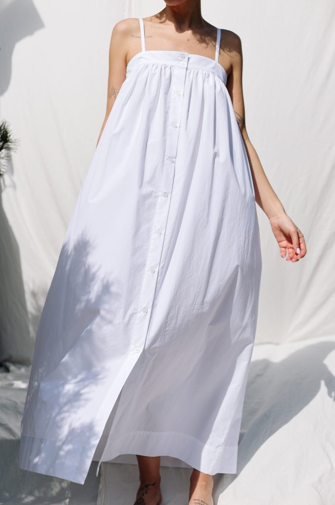 Sleeveless Flowing Maxi Button Front Dress EMILY in White Organic Cotton