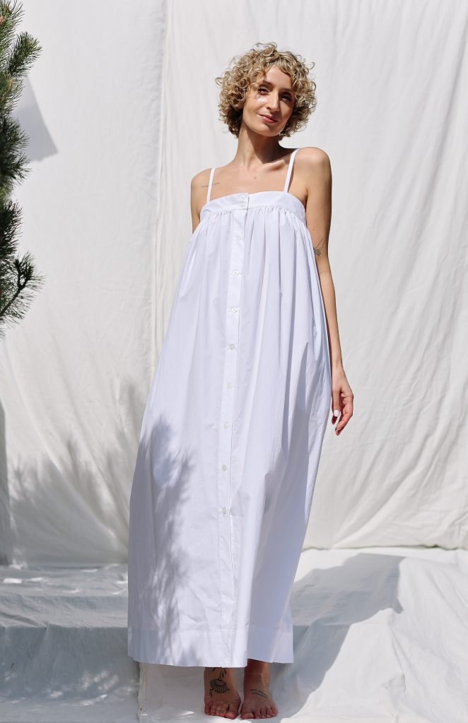 Sleeveless Flowing Maxi Button Front Dress EMILY in White Organic Cotton | Dress | Sustainable clothing | OffOn clothing