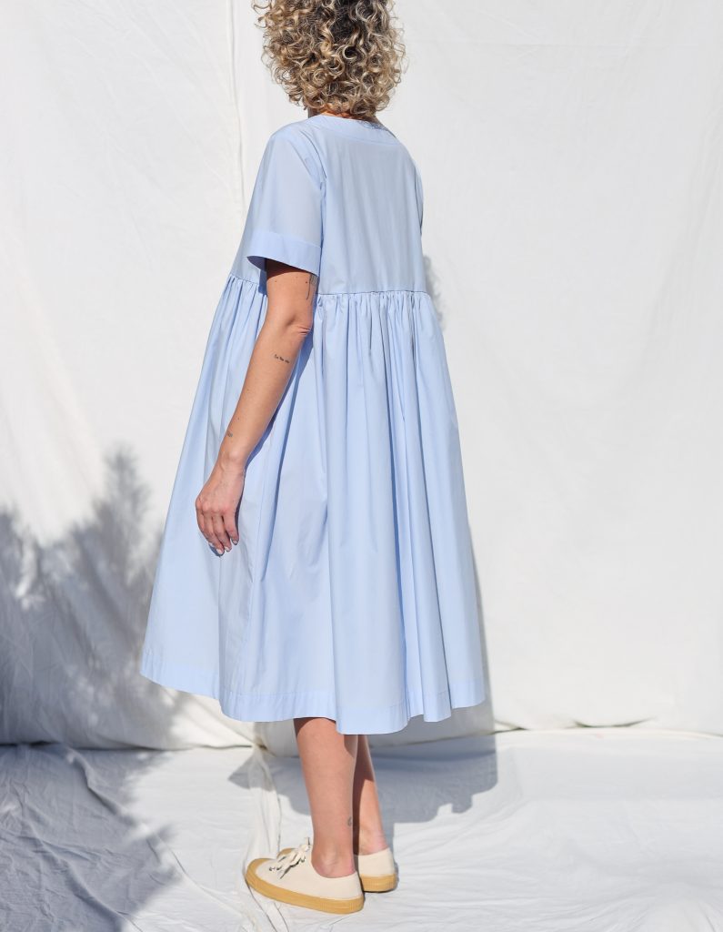 Light Blue Organic Cotton Dress With Short Folded Sleeves
