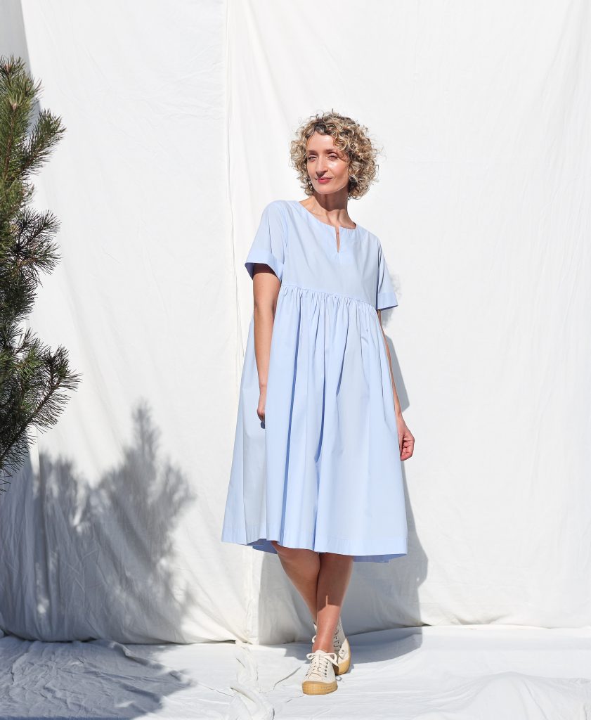 Light Blue Organic Cotton Dress With Short Folded Sleeves