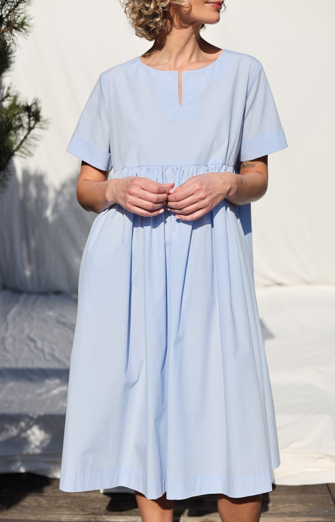 Light Blue Organic Cotton Dress With Short Folded Sleeves | Dress | Sustainable clothing | OffOn clothing