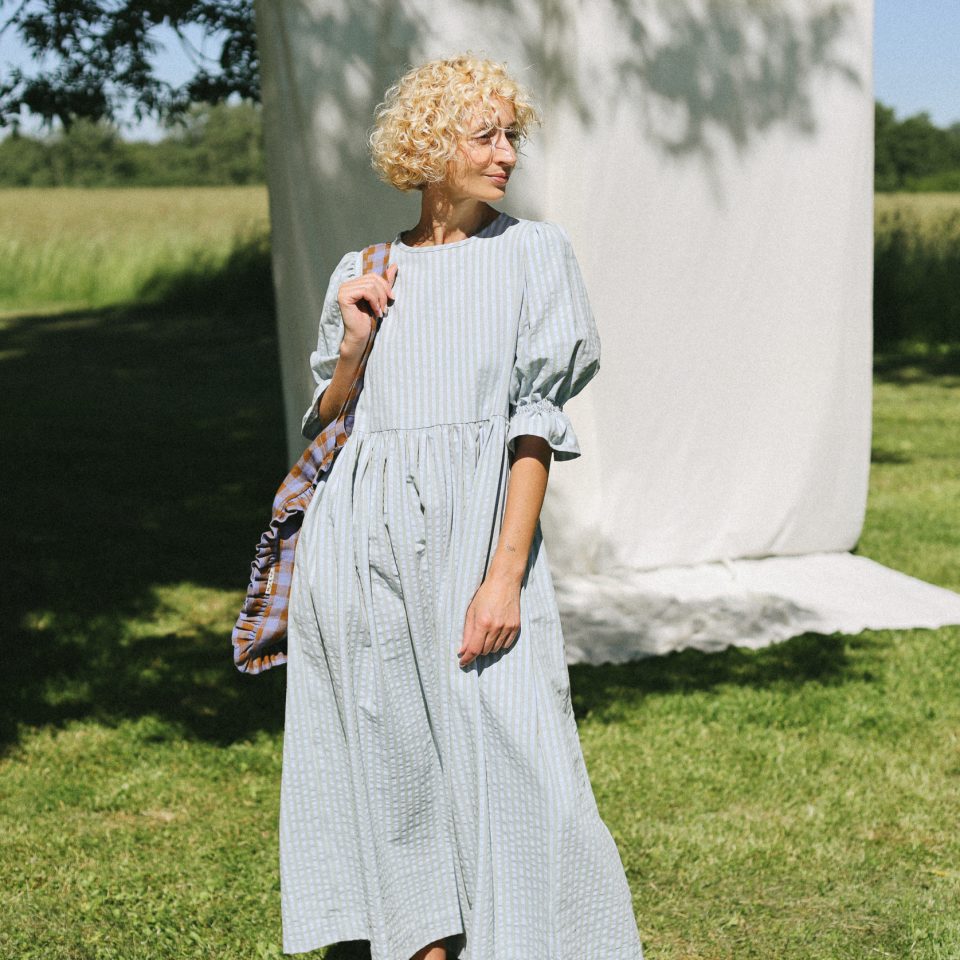 Puffy sleeves seersucker stripes dress NINA