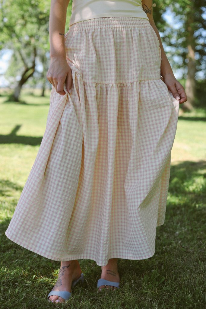 Elasticated Waist Seersucker Gingham Maxi Skirt | Skirt | Sustainable clothing | OffOn clothing