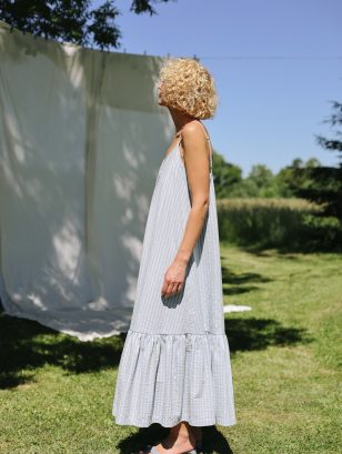 Sleeveless Seersucker Checks Maxi Dress with Ruffled Hem | Dress | Sustainable clothing | OffOn clothing