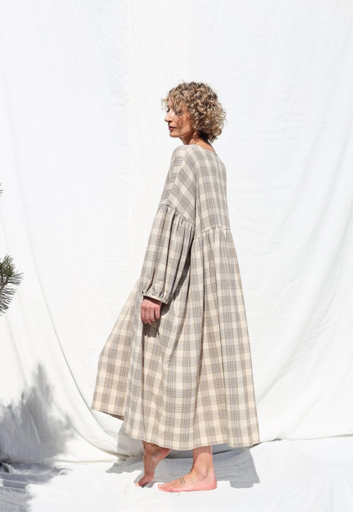 Oversized Plaid Double Gauze Dress GRETA with Voluminous Sleeves