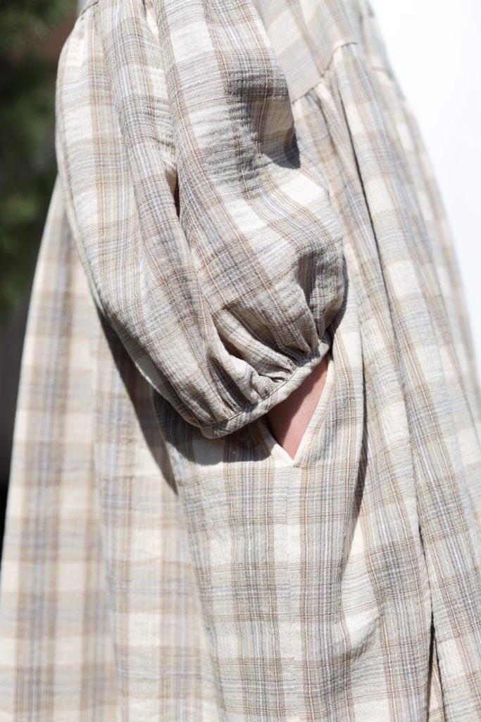 Oversized Plaid Double Gauze Dress GRETA with Voluminous Sleeves