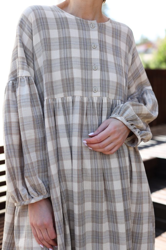 Oversized Plaid Double Gauze Dress GRETA with Voluminous Sleeves