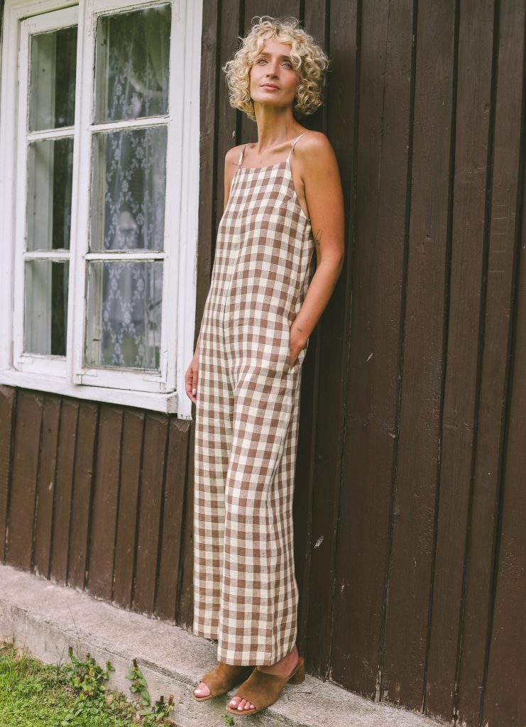 Linen checks sleeveless wide leg jumpsuit JUDE