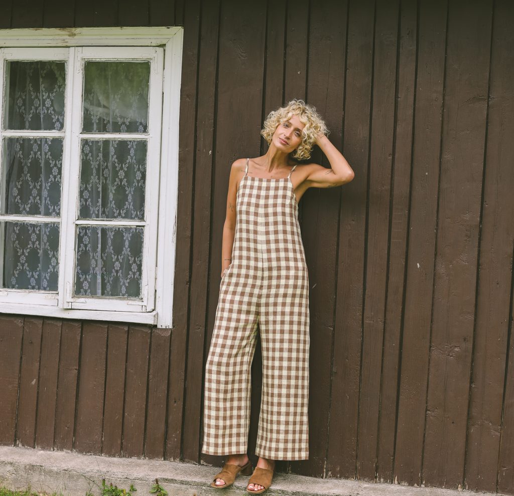 Linen checks sleeveless wide leg jumpsuit JUDE