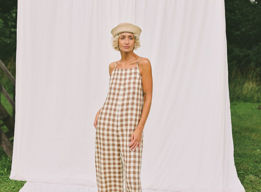 Linen checks sleeveless wide leg jumpsuit JUDE