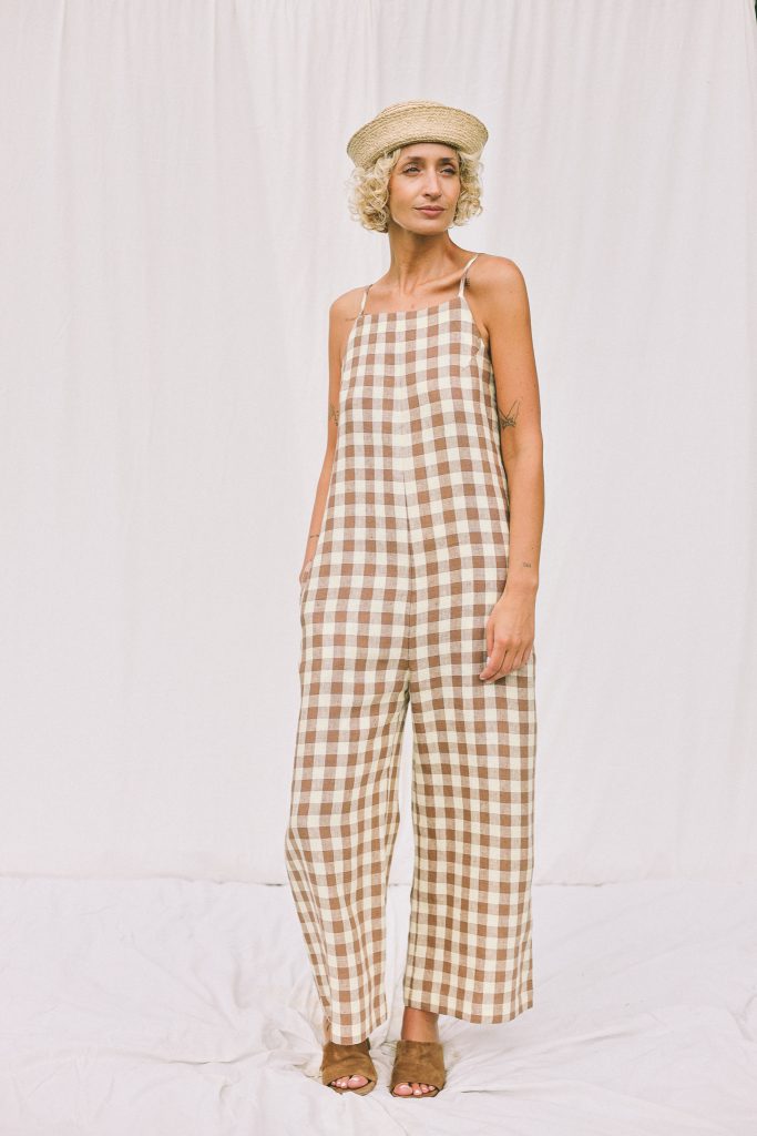 Linen checks sleeveless wide leg jumpsuit JUDE