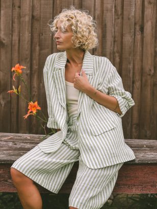 Oversized Striped Linen Blazer with Notch Lapels | Dress | Sustainable clothing | OffOn clothing