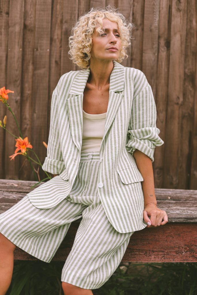 Oversized Striped Linen Blazer with Notch Lapels