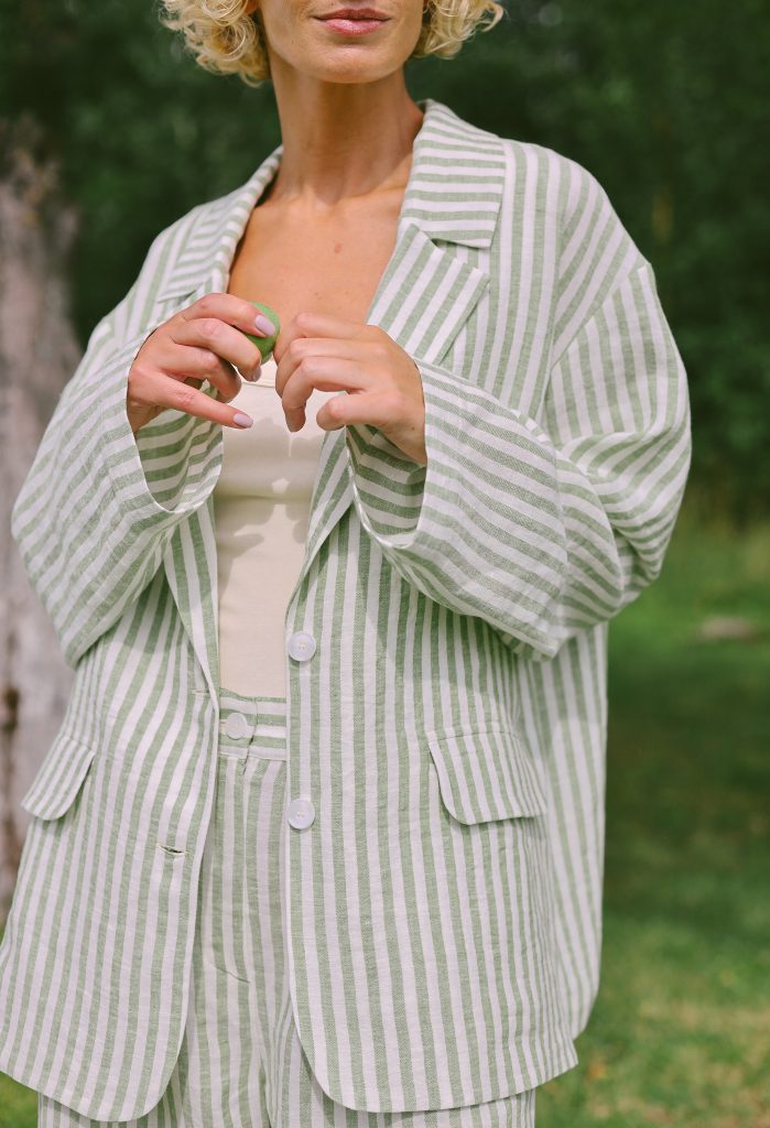 Oversized Striped Linen Blazer with Notch Lapels