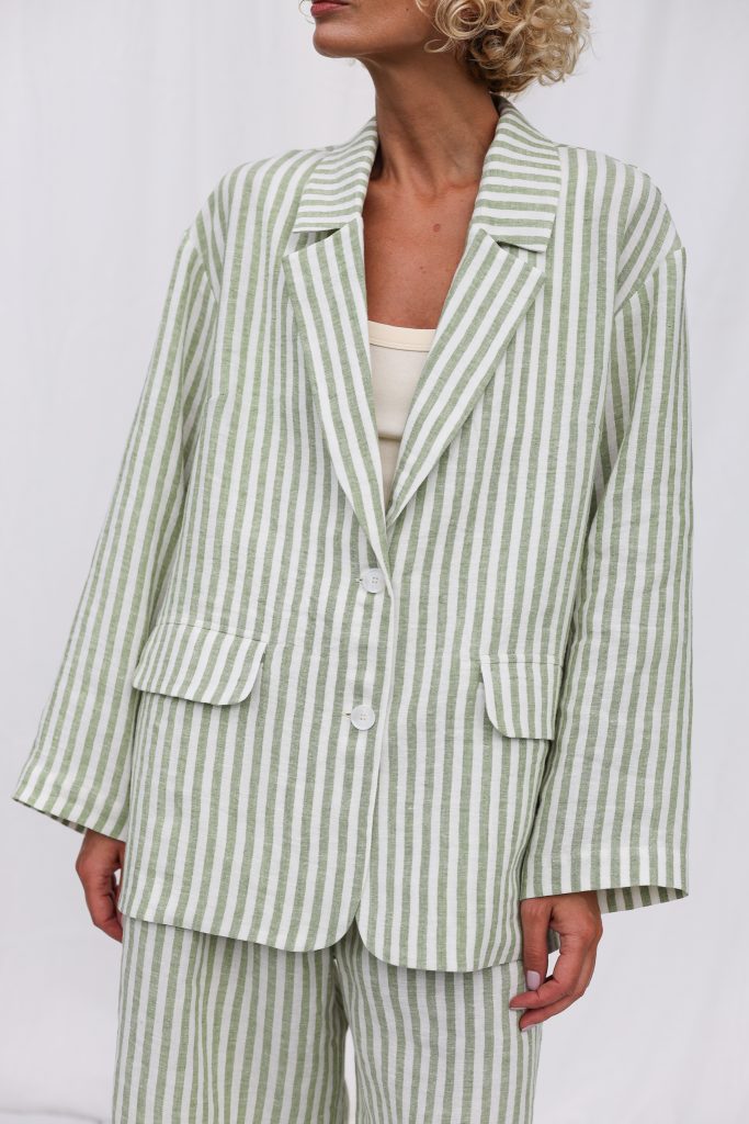 Oversized Striped Linen Blazer with Notch Lapels