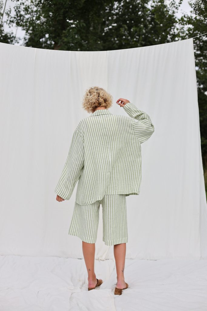 Oversized Striped Linen Blazer with Notch Lapels
